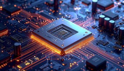 A close-up view of a central processing unit (CPU) with intricate circuitry glowing in orange and blue