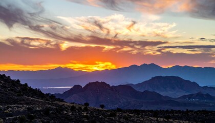 Fototapeta premium A fiery sunset paints the sky above silhouetted mountain ranges, clouds ablaze with color in a stunning vista