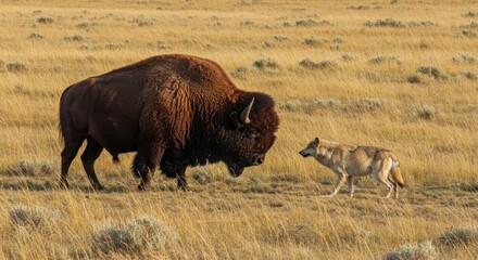 A bison and a wolf face each other in a dry grassy field