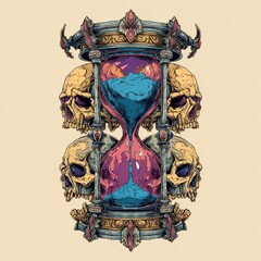 Macabre hourglass sculpture adorned with skulls and ornate details