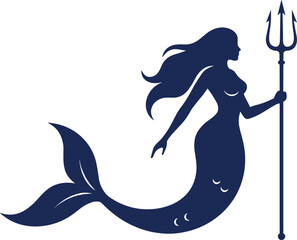 Silhouette mermaid with trident, warrior sea woman illustration, mythical ocean queen, fantasy marine goddess, aquatic vector art, underwater magic