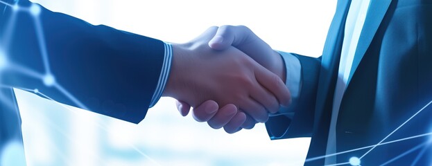 Business Partnership Handshake with Digital Network Background