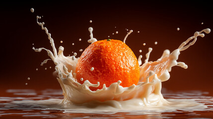 A vibrant tangerine plunges into a creamy liquid creating a dynamic splash against a dark backdrop