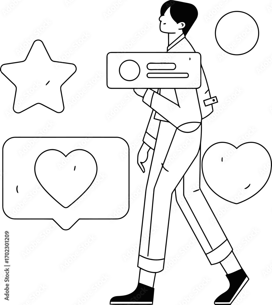 Poster dynamic individual navigates social media engagement with likes stars and message notifications, sym