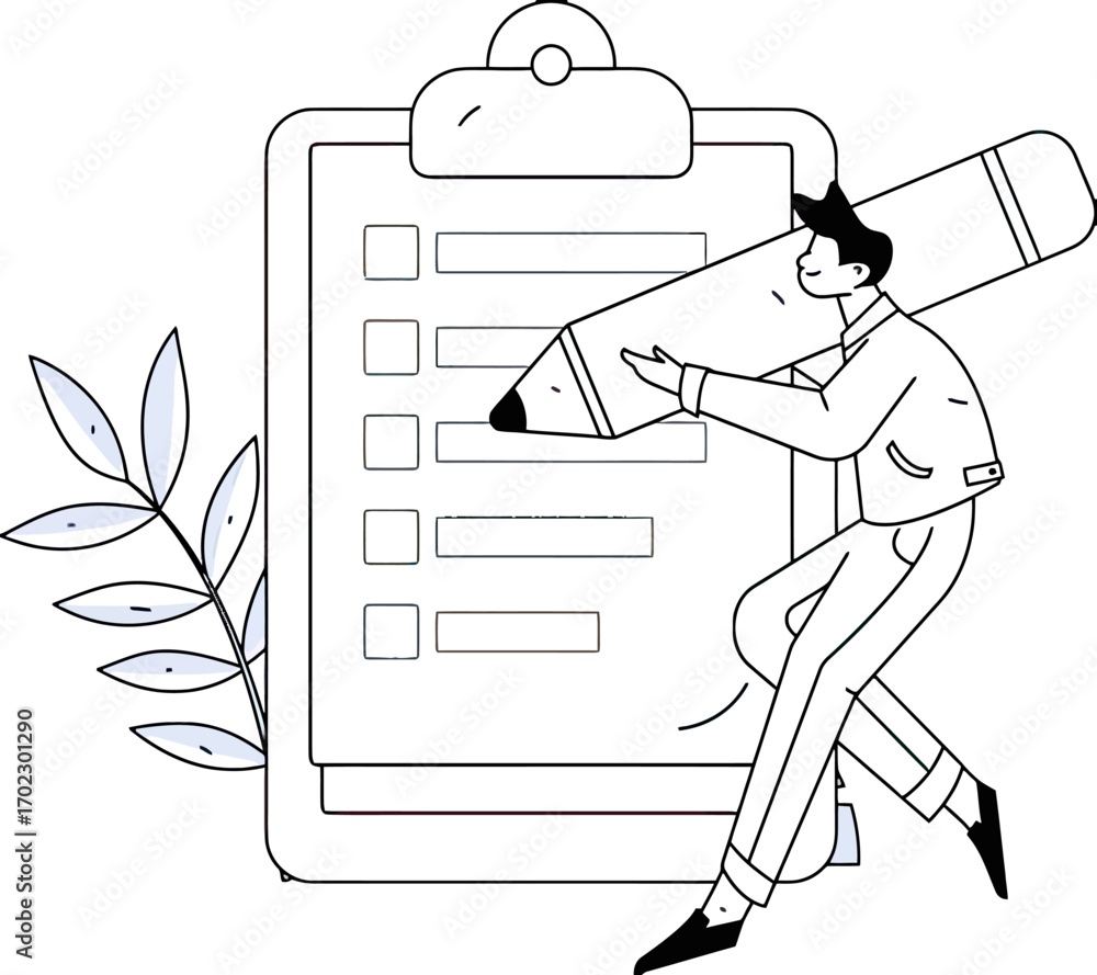Poster man diligently checks off tasks on a large clipboard using a massive pencil, symbolizing productivit