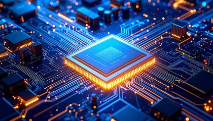 A close-up view of a CPU chip, electronic pathways glow in blue & orange, indicating high-tech processing