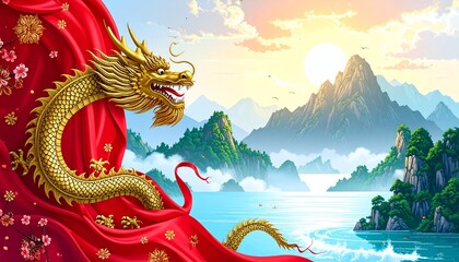 Majestic golden Chinese dragon, red fabric, serene mountain-lake, sunlit vista.