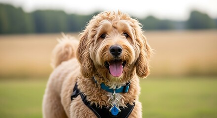 Happy adorable Goldendoodle dog standing in a grassy park.