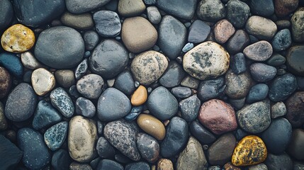 A close-up view of a textured surface composed of various rounded stones in muted tones of gray, brown, and beige, with pops of color.