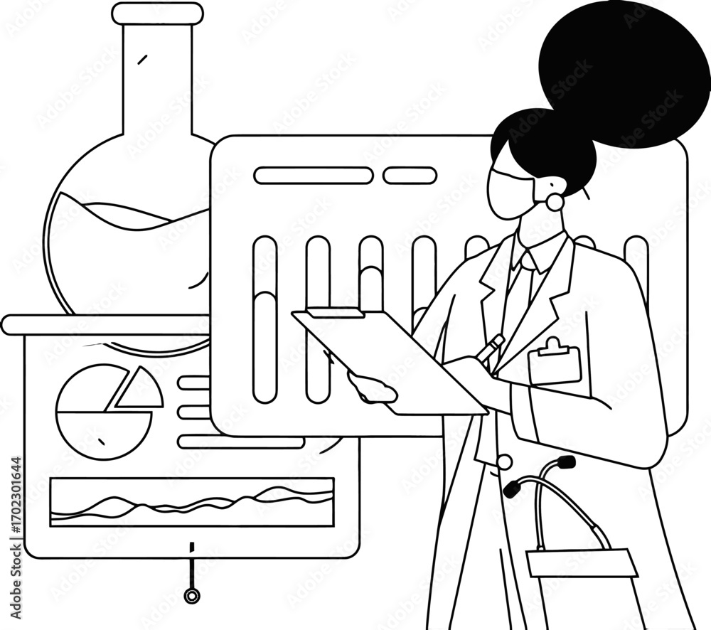 Poster dedicated scientist analyzes research data and experiments with precision, advancing discovery in a 