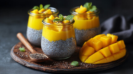 Three jars of chia seed pudding with mango and mint on a wooden board with mango slices near by