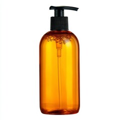 Amber glass pump bottle with black dispenser filled with clear liquid on white background