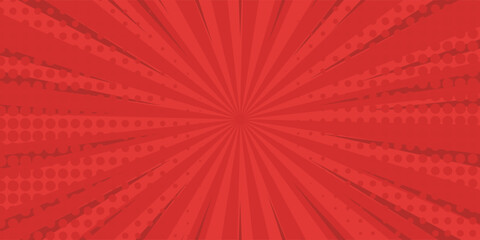 Obraz premium Red comic sunburst effect background with halftone. pop art comic-style vector background. Suitable for templates, sale banners, events, ads, web and pages
