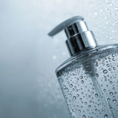 Clear liquid soap dispenser with water droplets on glass bottle and metallic pump in soft light