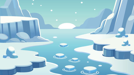 Cartoon Arctic Ice Landscape with Snowy Mountains and Frozen Sea. 
