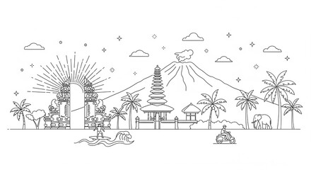 Clean single-line vector illustration of Bali skyline in a minimalist outline style