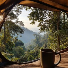 Cozy morning view from tent with coffee cup overlooking lush green forested mountains