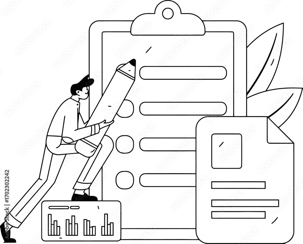 Poster dedicated professional meticulously completes important tasks on checklist, analyzing data for strat