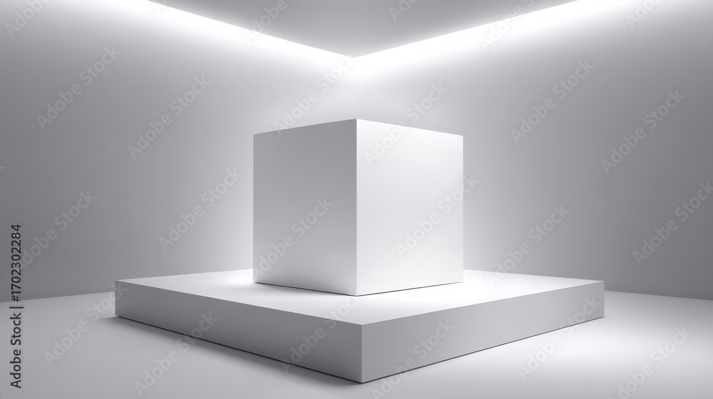 Aufkleber abstract white cube on elevated platform in bright studio, ideal for product display or presentation