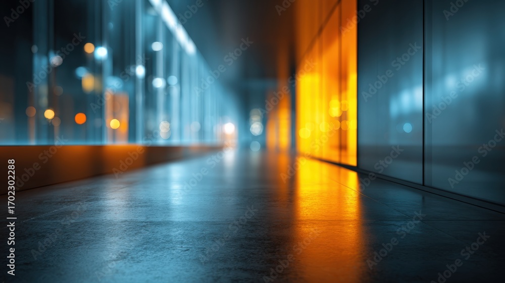 Poster modern architectural corridor with diffused light and industrial design elements, suitable for backg