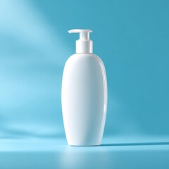 Clean white pump dispenser bottle with soft blue background and dappled light shadows
