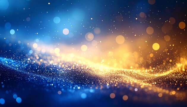 Dynamic wave of sparkling blue and gold particles with soft bokeh lights.