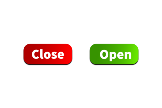 Green OPEN Button and Red CLOSE Button Setting toggle design element for mobile app interface, web. Isolated on Transparent Cutout PNG