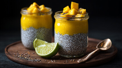 Two jars of mango chia seed pudding with lime wedges and a spoon on a wooden serving board