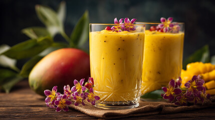 Two glasses of mango smoothie garnished with flowers on a wooden table with a whole mango fruit