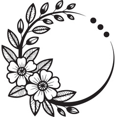 Black and white floral frame with buds and leaves