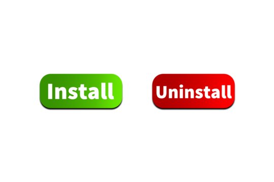 Green INSTALL Button and Red UNINSTALL Button Setting toggle design element for mobile app interface, web. Isolated on Transparent Cutout PNG