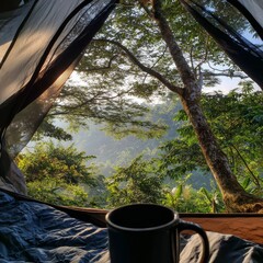 Morning coffee view from inside a tent overlooking a misty forest landscape at sunrise