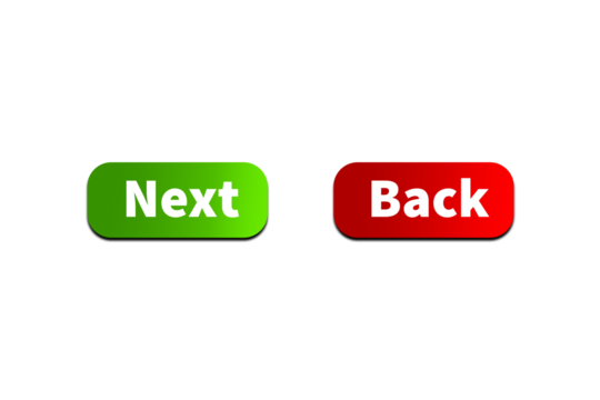 Green NEXT Button and Red BACK Button Setting toggle design element for mobile app interface, web. Isolated on Transparent Cutout PNG