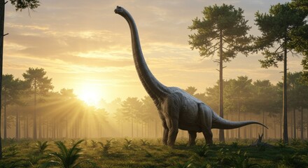 Obraz premium A Brachiosaurus stands tall in a misty prehistoric forest at sunrise