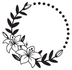 Black Lily Flower Wreath with Dots on White Background