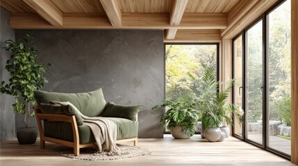 Modern Living Room Interior with Green Armchair, Plants, Large Windows, and Natural Wood Ceiling