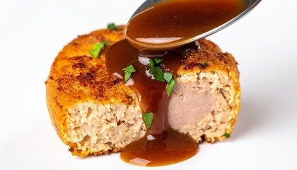 Crispy Scotch egg, halved to show meat core, topped with rich gravy and fresh parsley on white. Food styling.