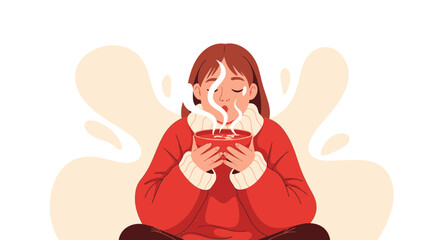 Illustration of a woman enjoying a bowl of hot soup to warm up and relax in winter
