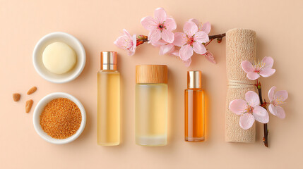 Overhead shot of spa products with oils, soap, scrub, towel, and cherry blossoms on beige background