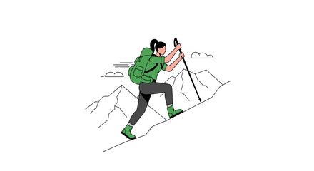 Illustration of a woman hiking up a mountain with a backpack and hiking sticks