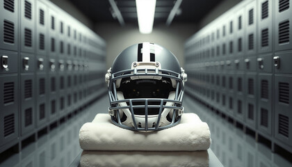 American football helmet resting on a towel in locker room