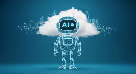 Ai robot standing in front of cloud computing futuristic digital cityscape artificial intelligence high quality professional