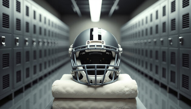 American football helmet resting on a towel in locker room