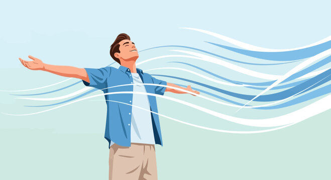 Man enjoying fresh air with arms open wide, representing freedom and relaxation as vector