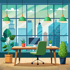 Fototapeta premium Modern office interior vector illustration with cityscape view desk chair and plants