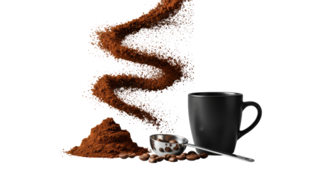 Finely ground dark roasted coffee powder swirls gracefully mid-air, glossy beans, matte black cup, and a steel scoop on clean transparent, high-key studio product concept