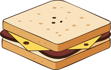 An isometric cartoon illustration of a square sandwich with meat and cheese slices on white bread. (Created Using Generative AI Tools)