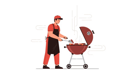 Man grilling barbecue outdoors on a bright sunny day enjoying some delicious food