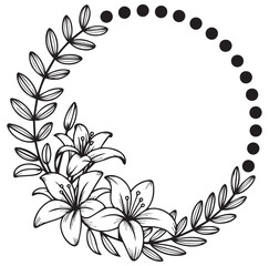 Black and White Floral Wreath Frame with Lilies and Leaves