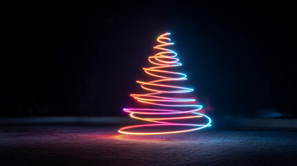 A christmas tree made of colorful neon lights standing on a reflective surface against a dark background